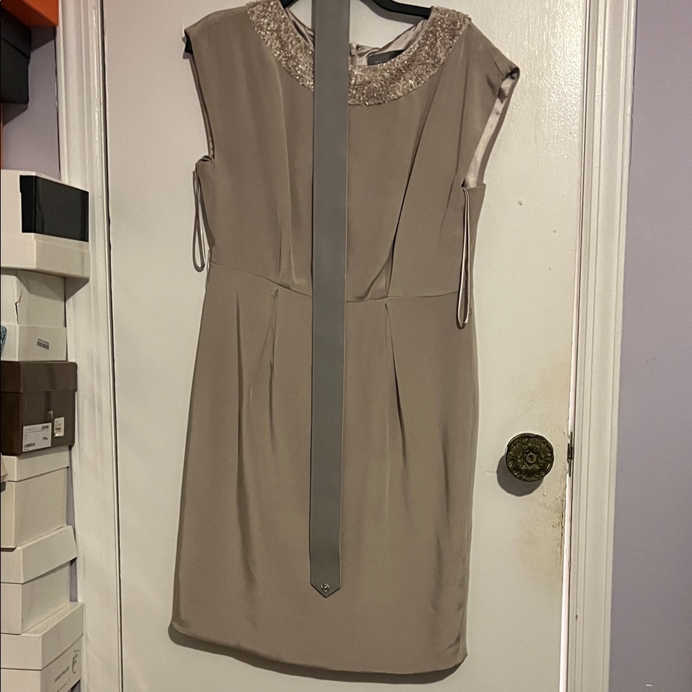 Theia Taupe Mini Dress with Embellished Neckline